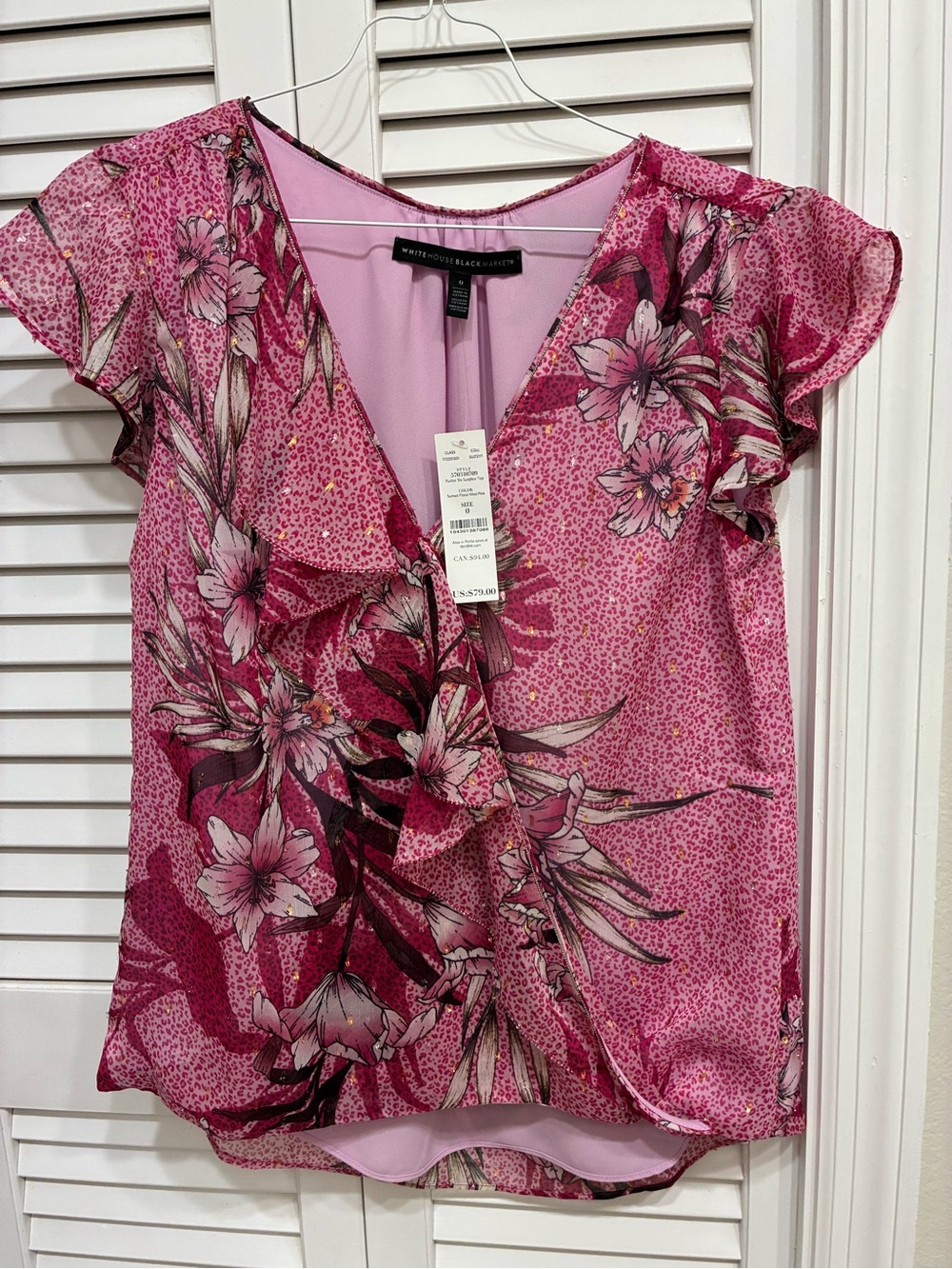White House Black Market Pink Floral Ruffle Wrap-Style Blouse